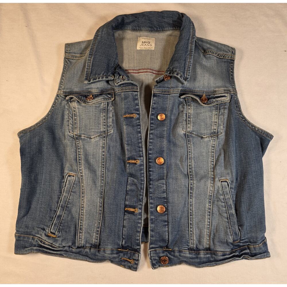 MNG Jeans Denim Vest Womens XL Light Wash Sleeveless Jean Jacket Vest Mango